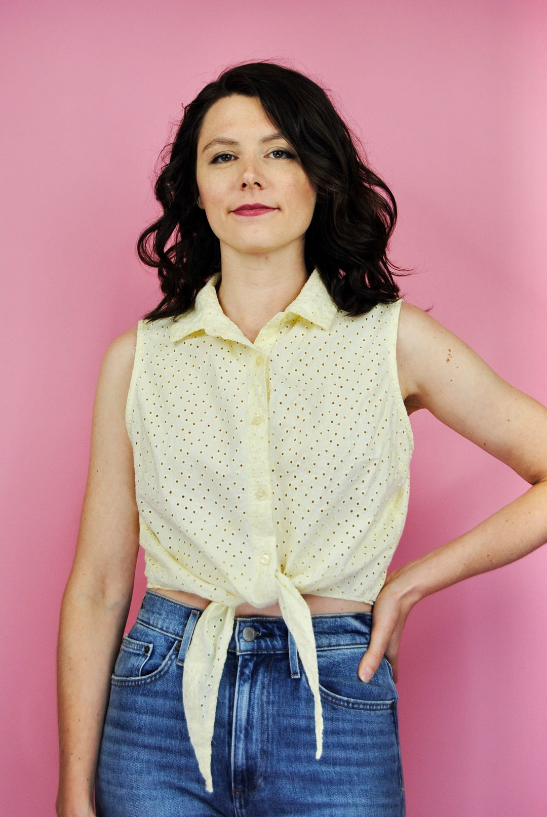 1990s Pale Yellow Eyelet Summer Cotton Crop Top Md to Lg Etsy