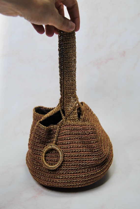 1930s 1940s Gold and Sand Crochet Handbag Wristlet
