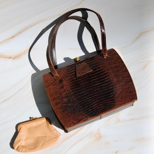 1950s Vintage Brown Reptile Leather Handbag with Coin Purse