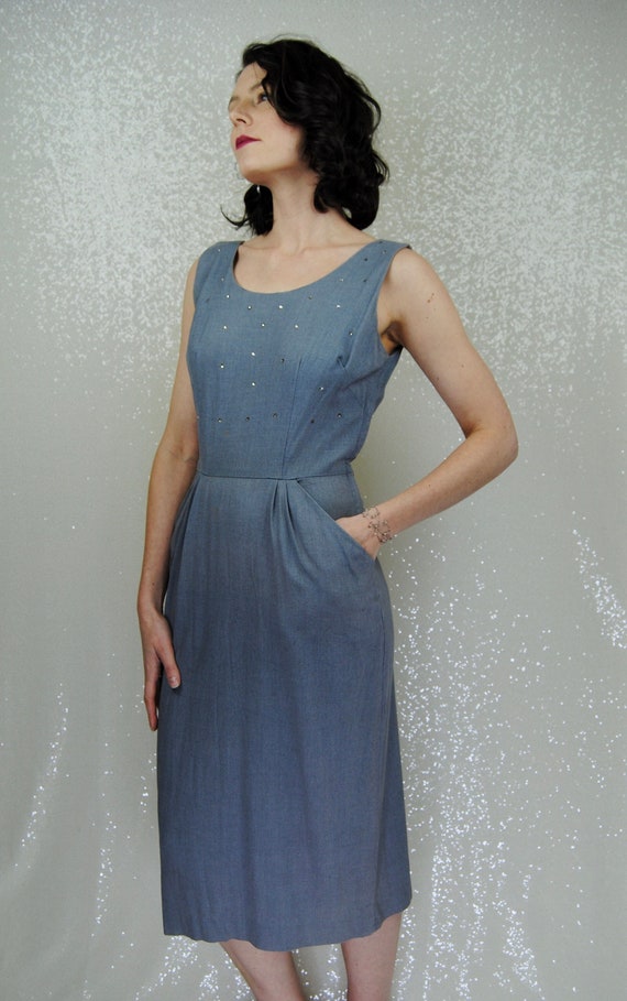 1950s Grey- Blue Dress with Rhinestones and Pocke… - image 1