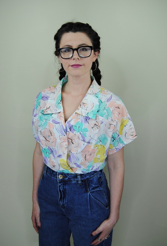 1980s 1990s Pastel Floral Printed Shirt - Lg to XL