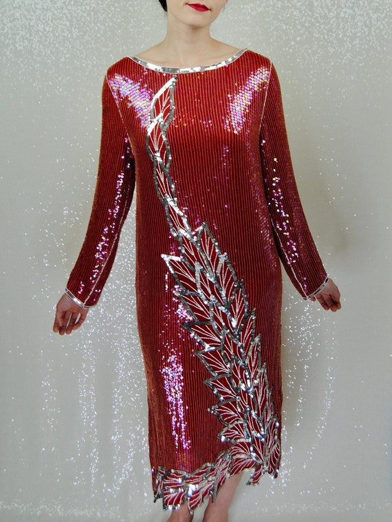 1970s / 1980s Red and Silver Sequined Dress - Sm - image 4