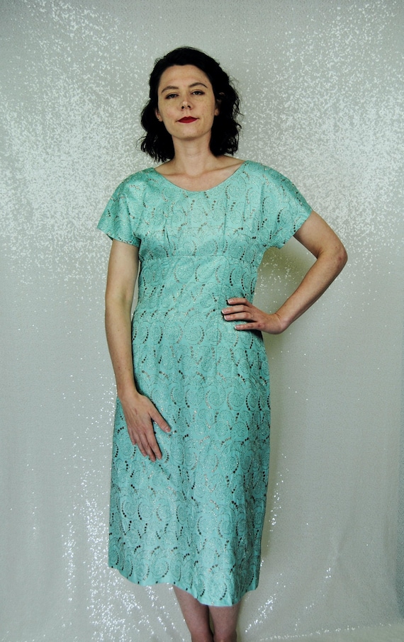 1950s 1960s Vintage Light Turquoise Blue & Silver Embroidered Cocktail Dress - Md to LG 1950s 1960s Vintage Light Turquoise Blue & Silver Embroidered Cocktail Dress - Md to LG