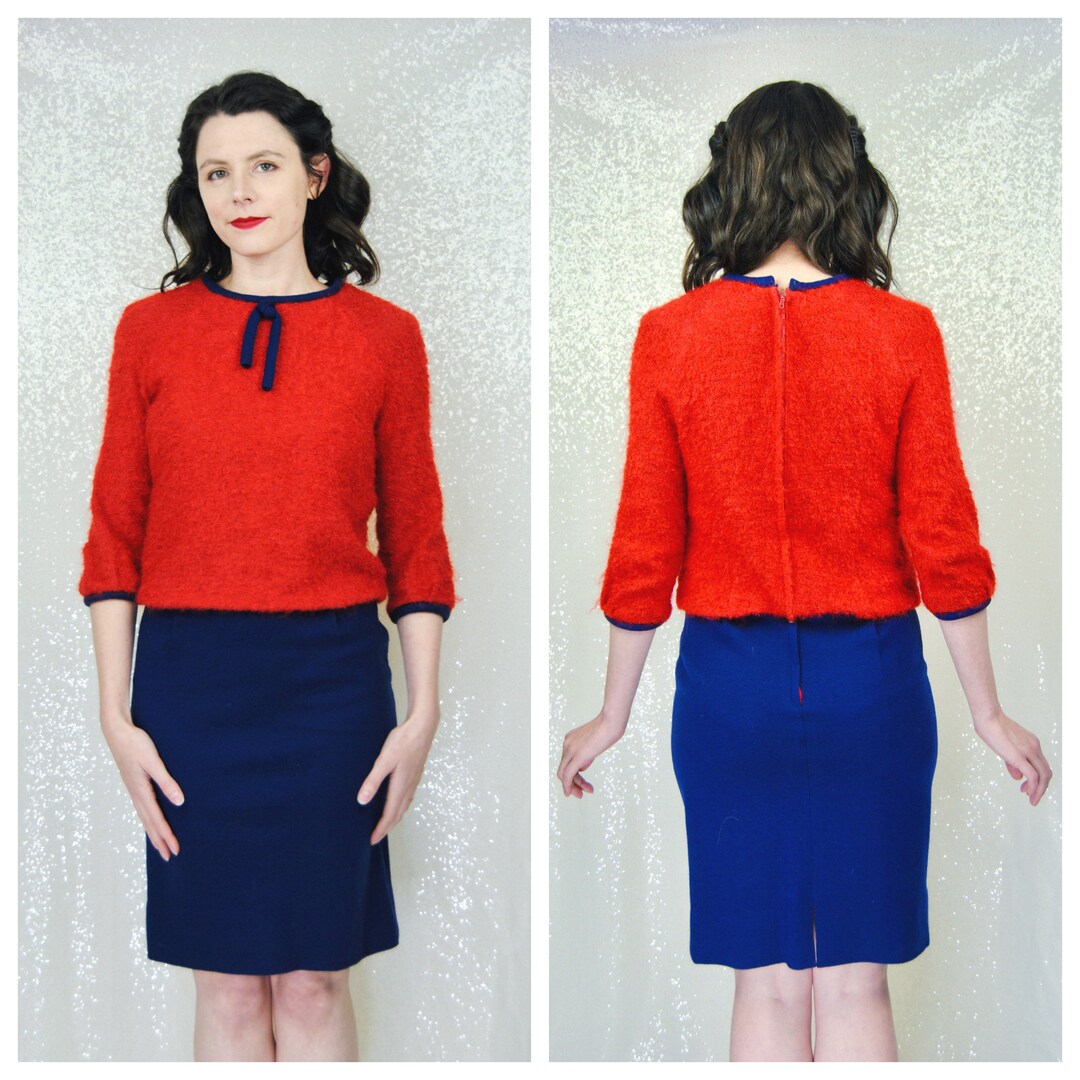 1960s Vintage Red Boucle & Blue Secretary Style Dress - Sm - Etsy