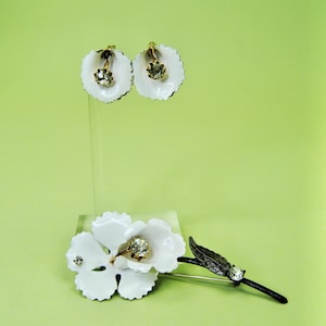 1960s Vintage Francos Off-White Enamel and Rhinestone Brooch Pin and Clip on No Pierce Earring Set