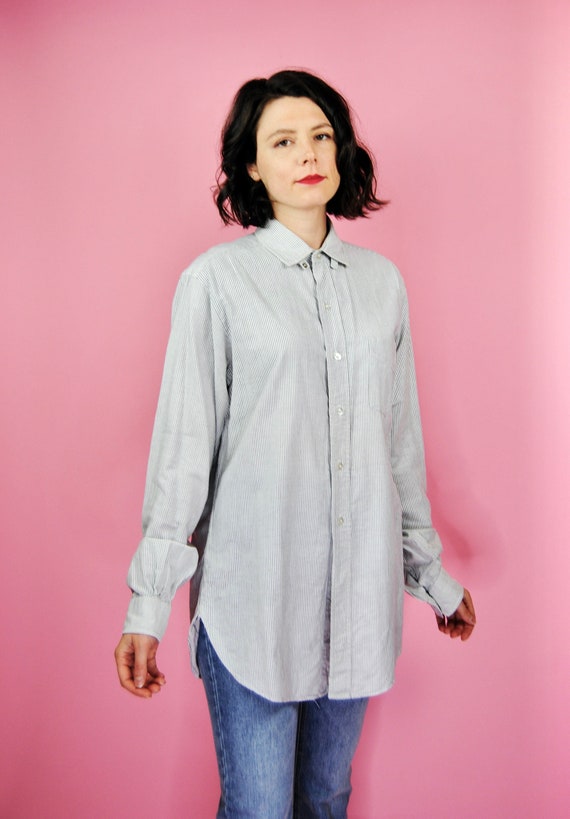 1950s 1960s Grey and White Striped Button Down - M