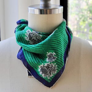 Vintage Green & Blue Novelty House Printed Scarf or Kerchief