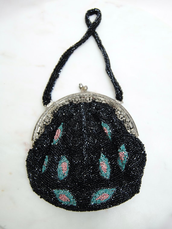 Antique Black Pink and Blue Glass Beaded Bag