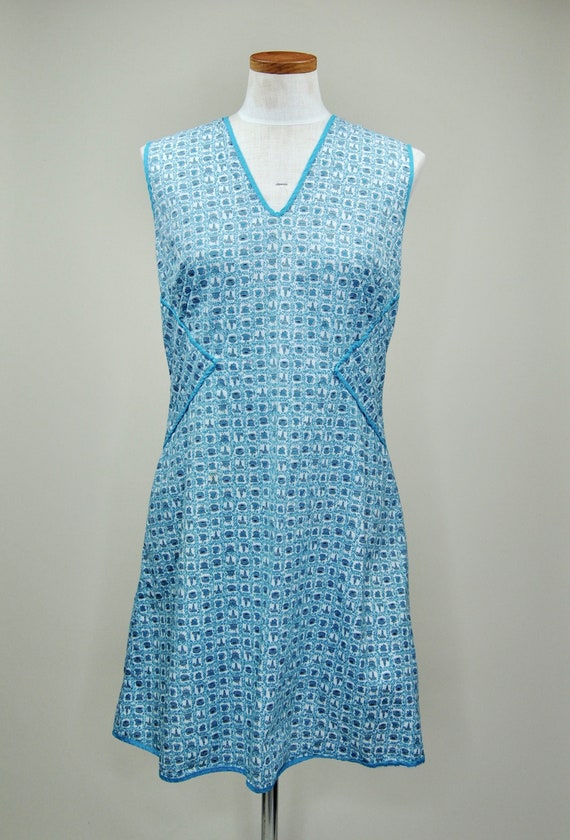 Vintage Blue Cotton Coffee Patterned Dress Apron