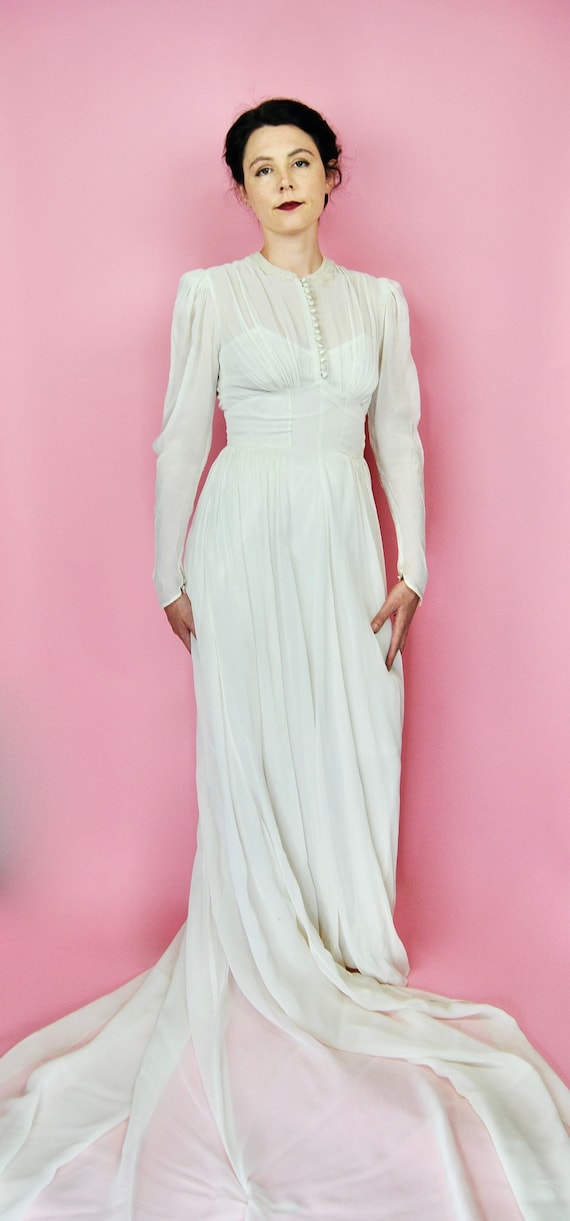 1930s 1940s Vintage Semi Sheer Wedding Gown with T