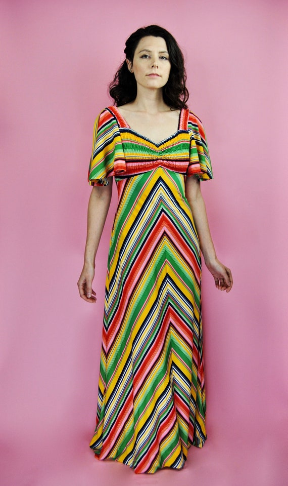 RARE 1970s Jody T Colorful Smocked Striped Maxi Dr