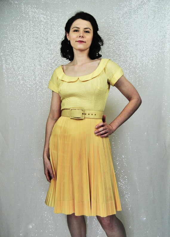 1950s  Pat Premo Pastel Yellow Pleated Day Dress -