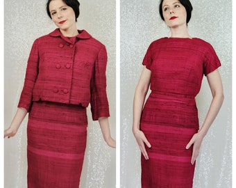 1950s 1960s Vintage Mod "John Bells" Red-Pink Dress & Jacket Set Wounded Study or Costume - Sm to Md