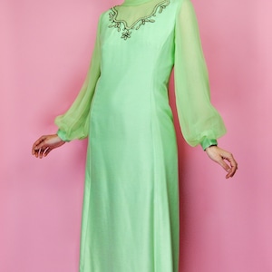 1960s Light Mint Green Evening Formal Gown with Chiffon Puff Bishop Sleeve - Sm to Md