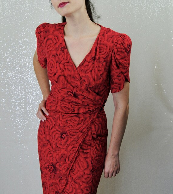 1980s Visionz Red Floral Wrap Summer Sun Dress XS t… Gem