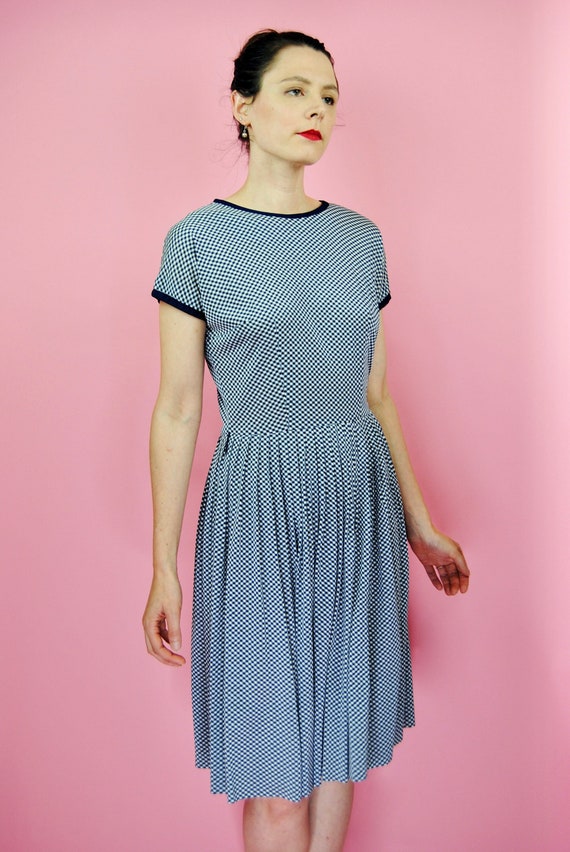 1960s 1970s Serbin Blue Checkered or Gingham Dress