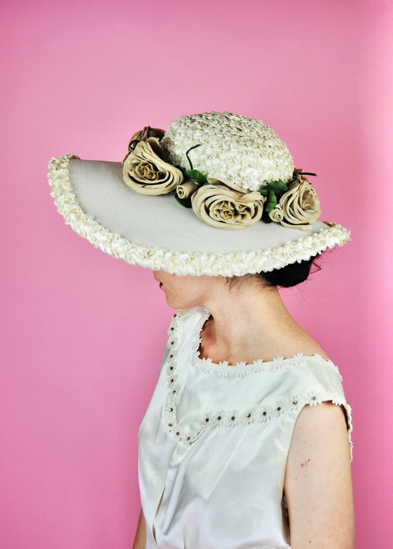 Vintage Wide Brim Sun Hat - Cream Straw Hat Importina Vintage Straw Hat, Cream White | eBay main image 3