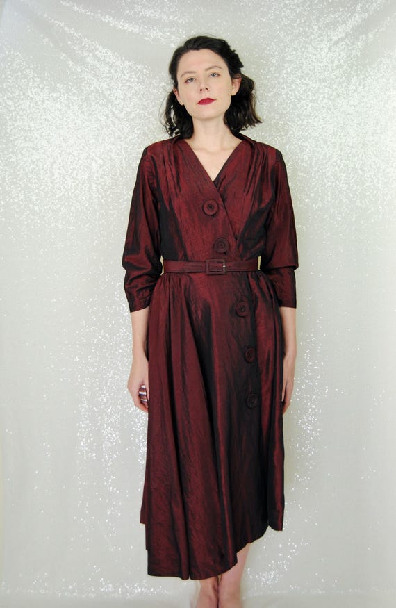1940s 1950s Vintage Rich Burgundy- Brown Iridescent Taffeta Button Front  Cocktail Dress With Belt - Sm - Etsy