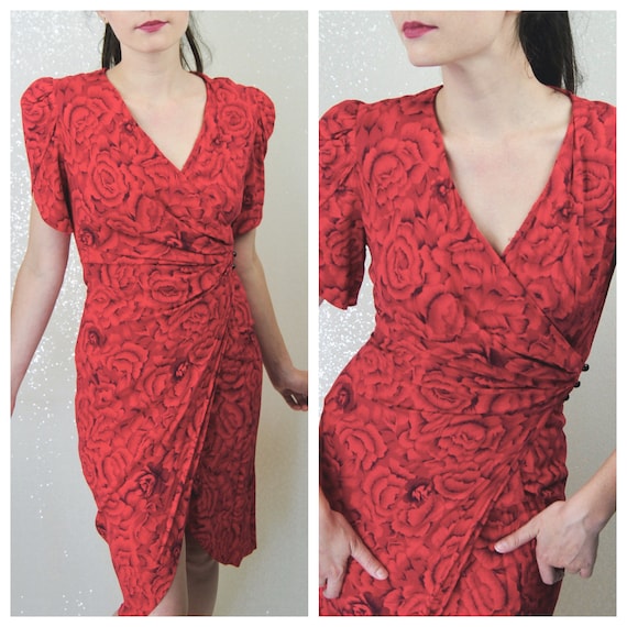 1980s Visionz Red Floral Wrap Summer Sun Dress - … - image 1