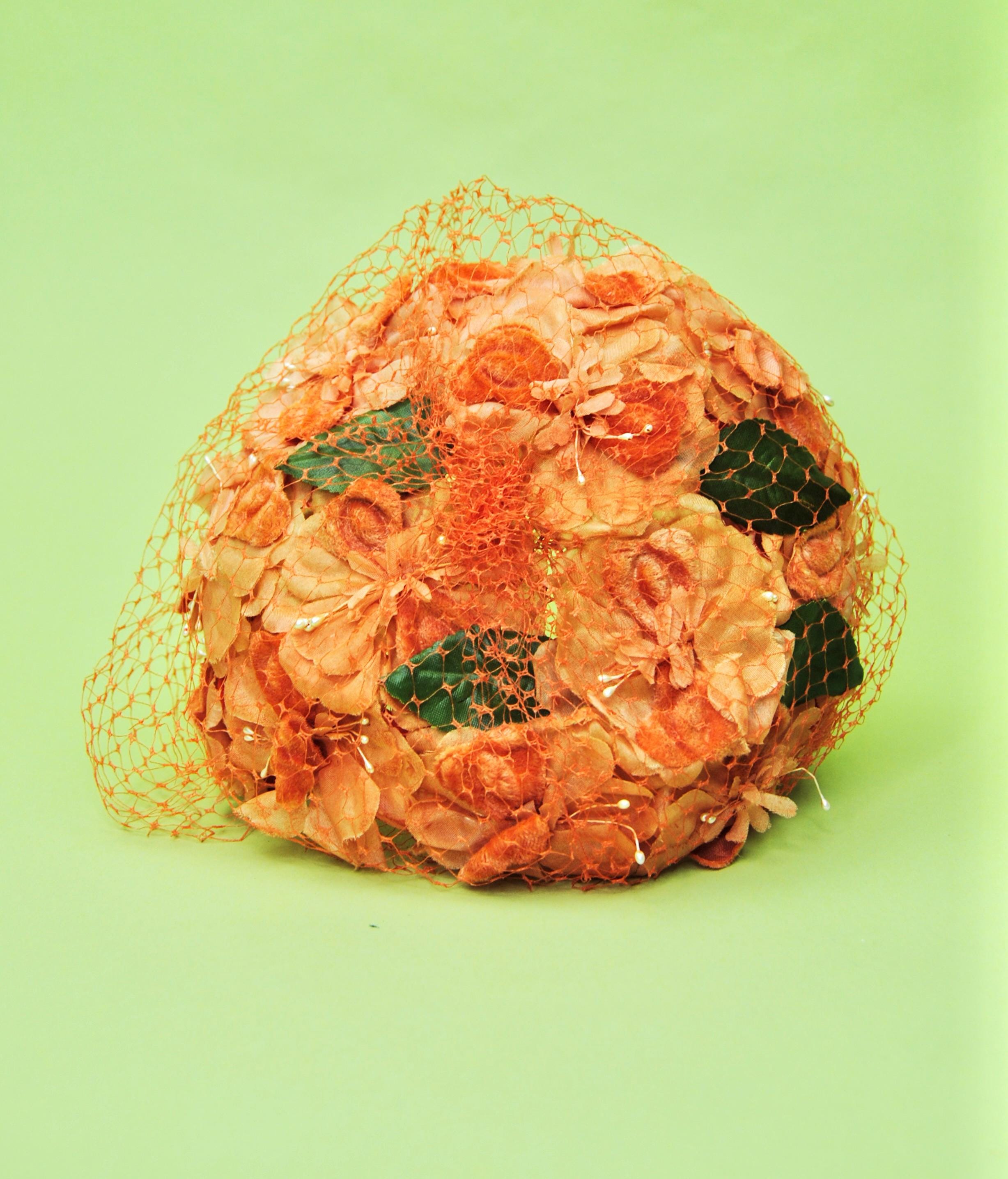 Vintage 50s Orange Floral Peach Basket Hat 1950s Vintage Orange Peach Flower Spring or Summer Floral  main image 3