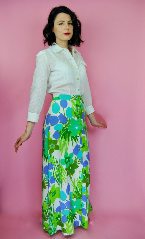 1960s 1970s Blue and Green Floral Maxi Skirt - Sm