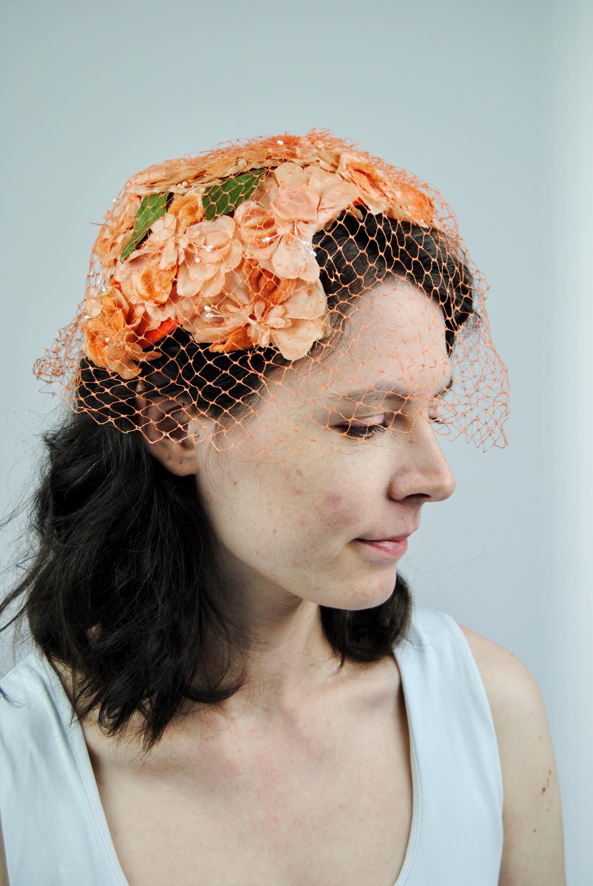 Vintage 50s Orange Floral Peach Basket Hat 1950s Vintage Orange Peach Flower Spring or Summer Floral  main image 2