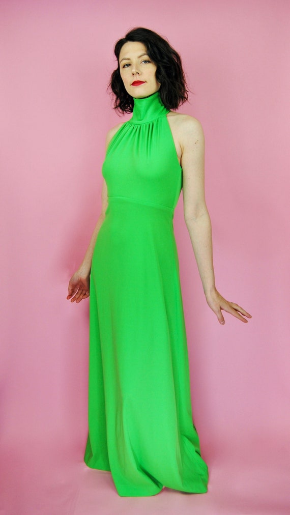 1970s Rare Style Bright Lime Green Evening Gown wi