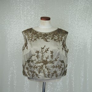 1950s 1960s Vintage Light Brown or Taupe Beaded Silk Satin Blouse - XL; 1X