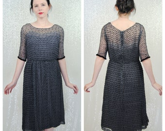 Unique 1940s 1950s Vintage Black Corde & Sheer Grey Chiffon Cocktail Dress Wounded- Md