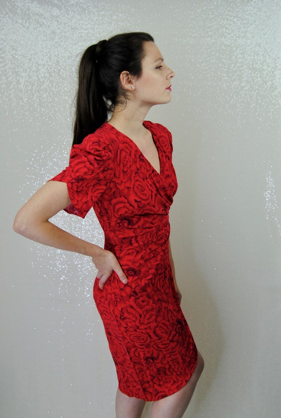 1980s Visionz Red Floral Wrap Summer Sun Dress - … - image 3
