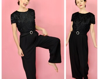 1980s Taurus II Black Jumpsuit with velvet top - Md to Lg