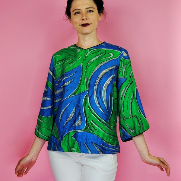 1970s Vintage Vera Green & Blue Silk Blouse Top- Md to Lg