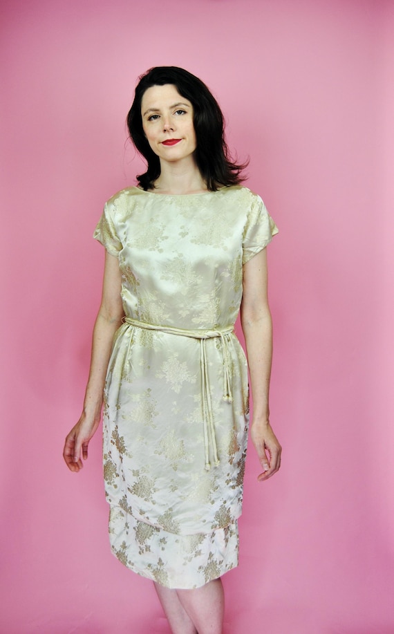 cream brocade dress 1950s 1960s Vintage Winkelman's Cream Silky Brocade Cocktail Dress With  Belt - Sm to Md