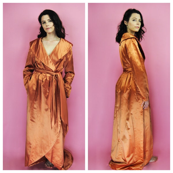 1960s 1970s Morty Sussman for Mollie Parnis Copper Satin Wrap Gown - Lg to XL