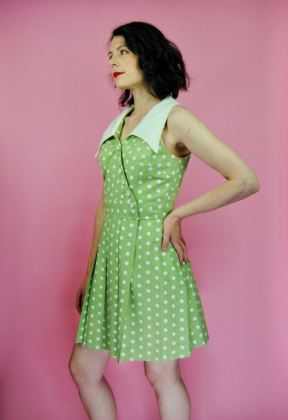 1970s "The Villager" Green Polkadot Mini Dress- Sm - image 2