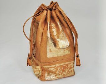 Vintage Unique Gold Painted Ancient Egypt Motifs on Tanned Brown Leather Bag or Purse