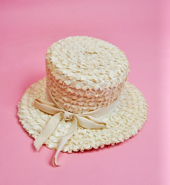 1960s Vintage Cream Off-white Straw Hat With Ribbon - Etsy display picture 1