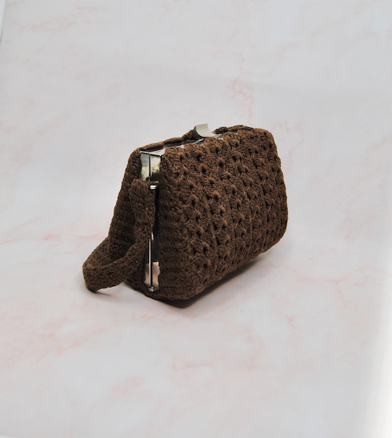UNIQUE 1940s 1950s Brown Crochet Covered Leather Box Purse or