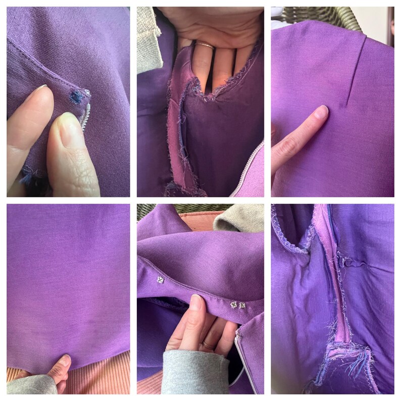May include: Close-up of a purple dress with a zipper and a few small buttons. The dress has some visible wear and tear, including a tear in the fabric and a missing button.