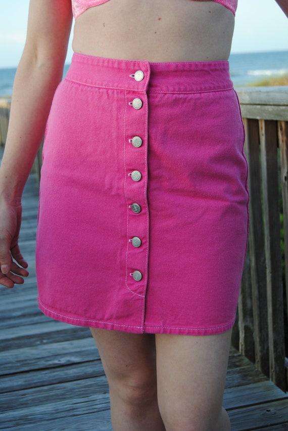 1990s Enchante Pink Denim Front Button Mini Skirt 