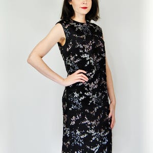 1960s Vintage Black Sequined Cherry Blossom Shift-Style Silk Party Dress - Sm Md