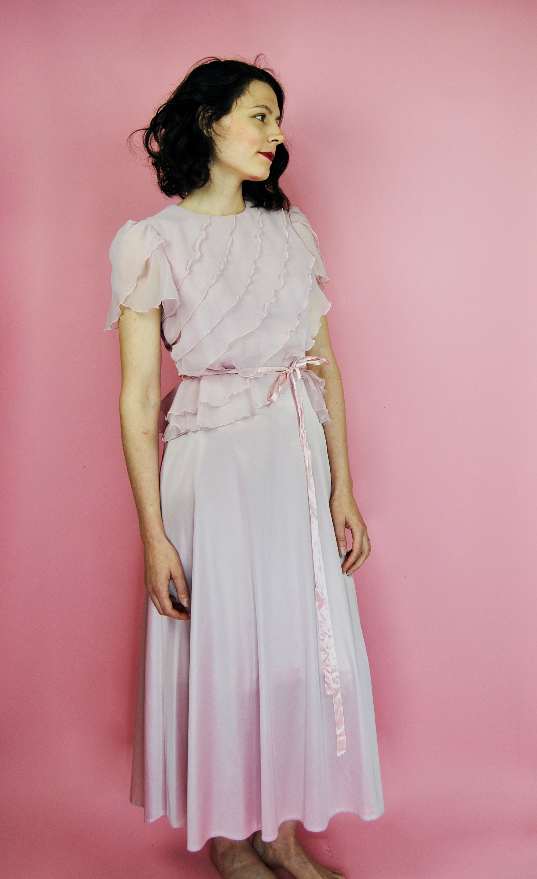 1970s Colorful Silk Chiffon Flutter Dress