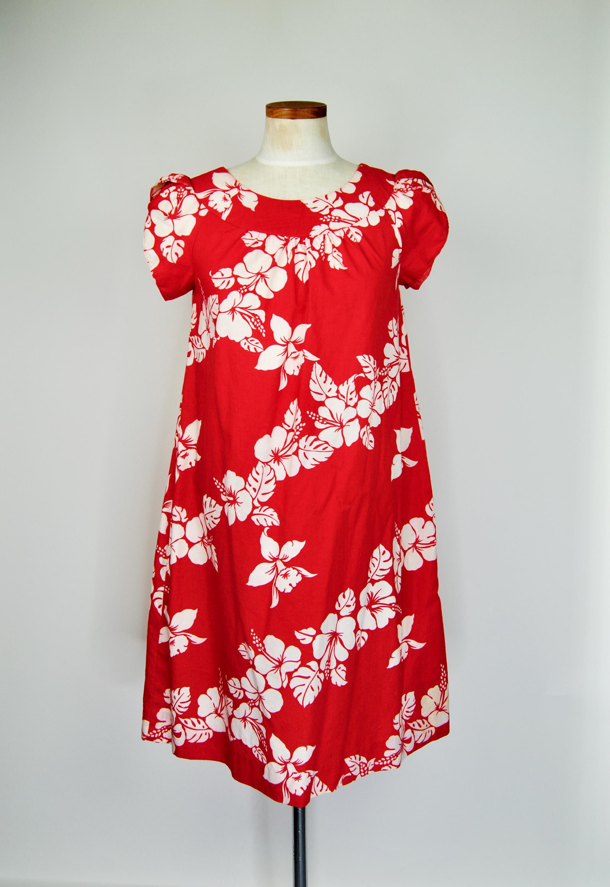 red hawaiian dress with white leaves