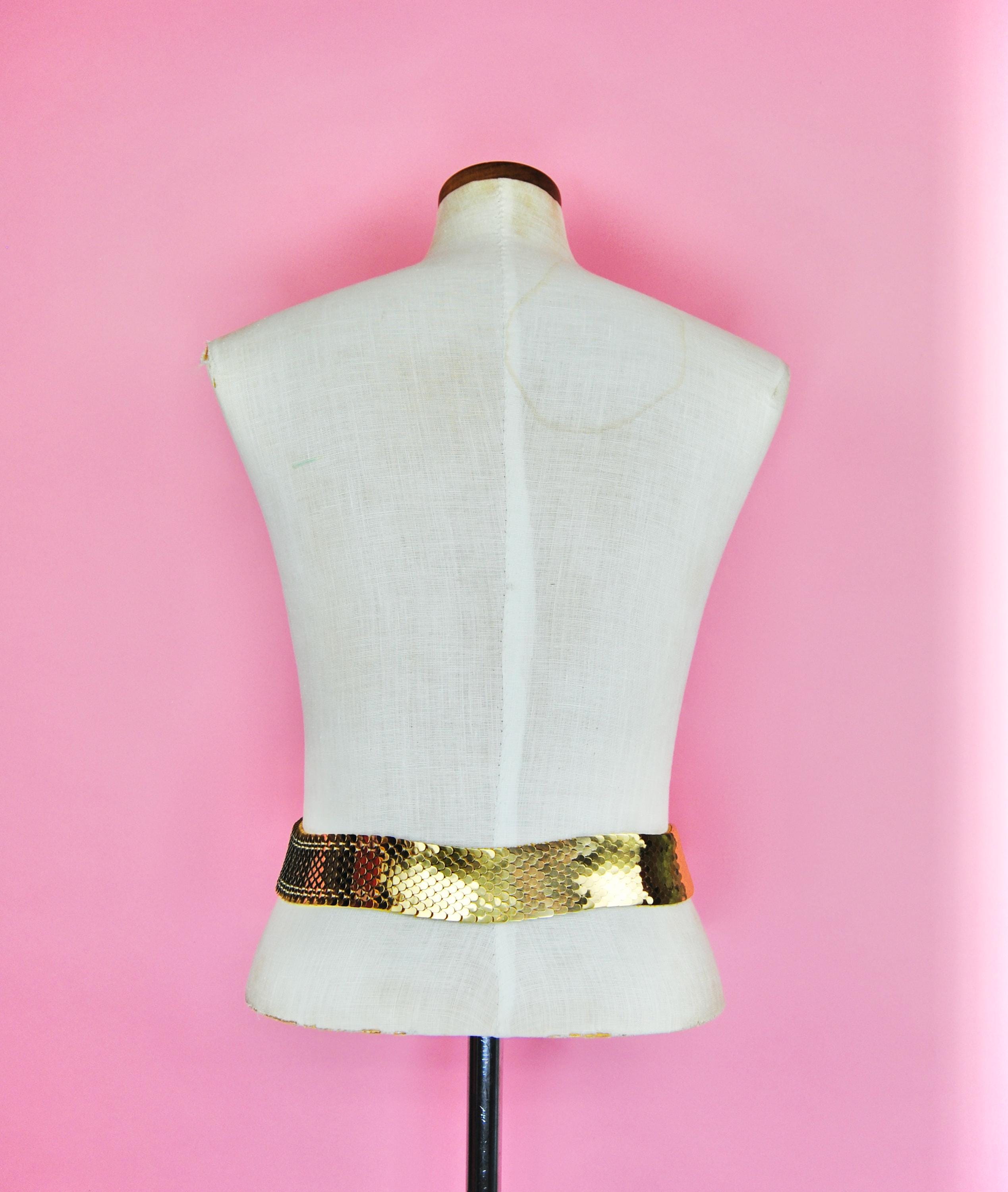 1980s Vintage Nan Lewis Gold Tone Metal Stretchy Belt - Md 