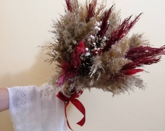 Dried Bouquet,Flowers Bunches, Natural Burgundy color, Bordeux,Vase Filler,Floral Arangement,Wedding Decor,Dry Pampas Grass,Boxo Bouquet