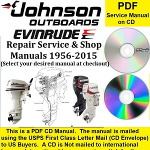 Puede incluir: Un CD-ROM con un manual de servicio en PDF para motores fueraborda Johnson y Evinrude de 1956-2015. La imagen incluye los logotipos de la marca, ilustraciones de productos y el texto "PDF Service Manual on CD."