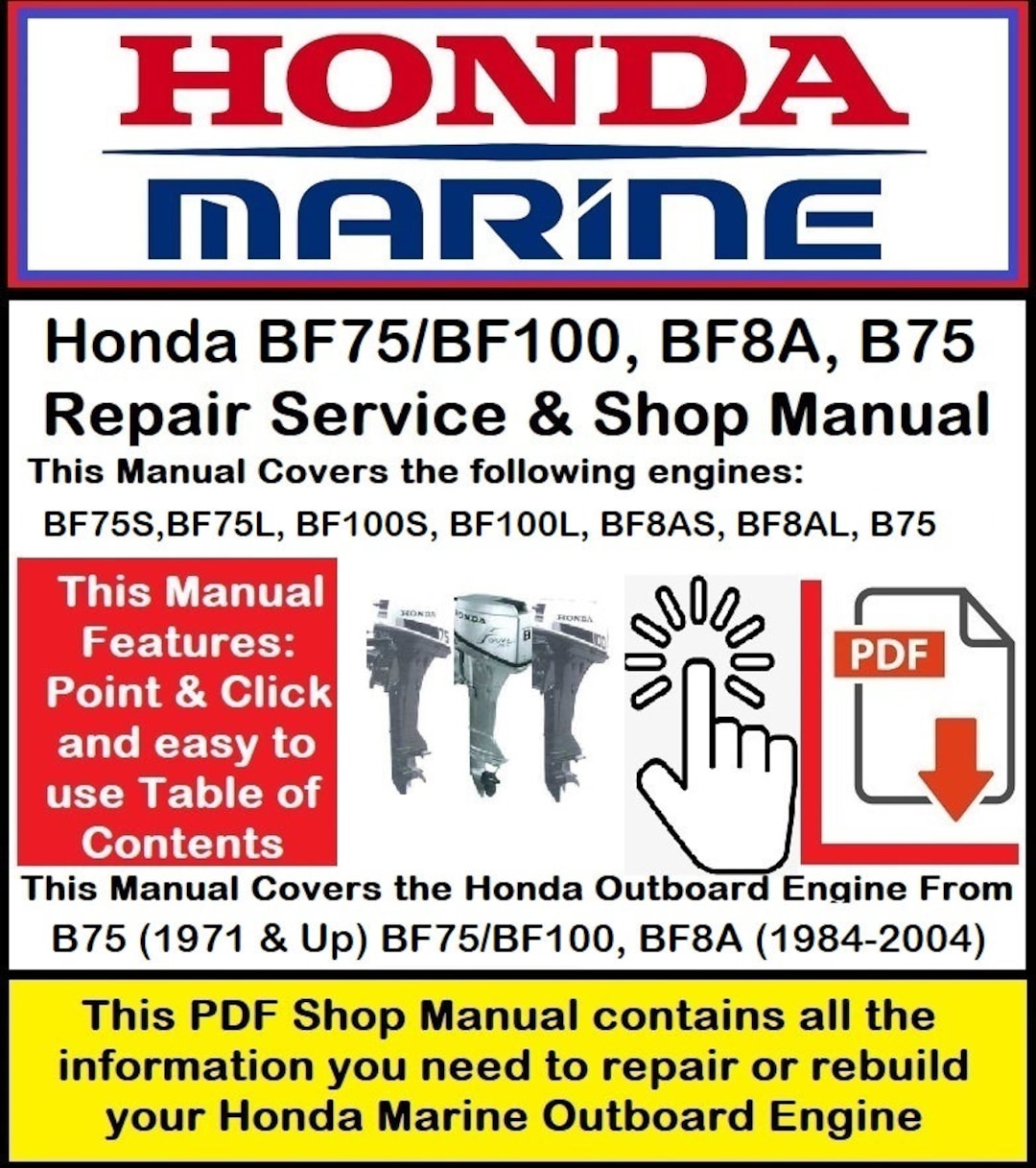 Honda Outboard BF75/BF100, BF8A, B75 Repair Service &amp; Shop Manual - Etsy