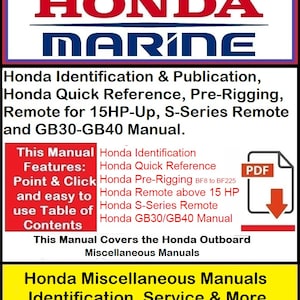 Puede incluir: Un logotipo HONDA MARINE rojo y azul con el texto "Honda Identification & Publication, Honda Quick Reference, Pre-Rigging, Remote for 15HP-Up, S-Series Remote and GB30-GB40 Manual." El texto "This Manual Features: Point & Click and easy to use Table of Contents" está en un cuadro rojo. El texto "Honda Identification, Honda Quick Reference, Honda Pre-Rigging BF8 to BF225, Honda Remote above 15 HP, Honda S-Series Remote, Honda GB30/GB40 Manual" está en un cuadro blanco. El texto "This Manual Covers the Honda Outboard Miscellaneous Manuals" está en un cuadro blanco. El texto "Honda Miscellaneous Manuals Identification, Service & More" está en un cuadro rojo. Una flecha roja apunta a un icono PDF.