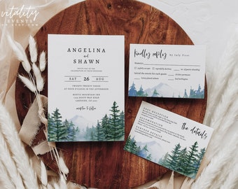 Mountain Wedding Invitation, Outdoor Wedding Invitation Bundle, Woodsy Wedding, Pine Tree Wedding, Rustic Wedding, Lake Wedding, WALDEN