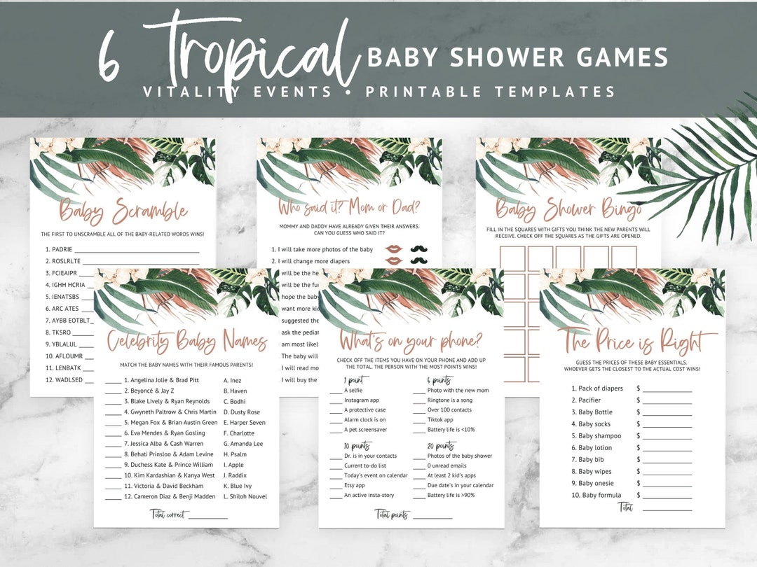 Boho Tropical Baby Shower Games, Summer Baby Shower Girl, Beach Baby